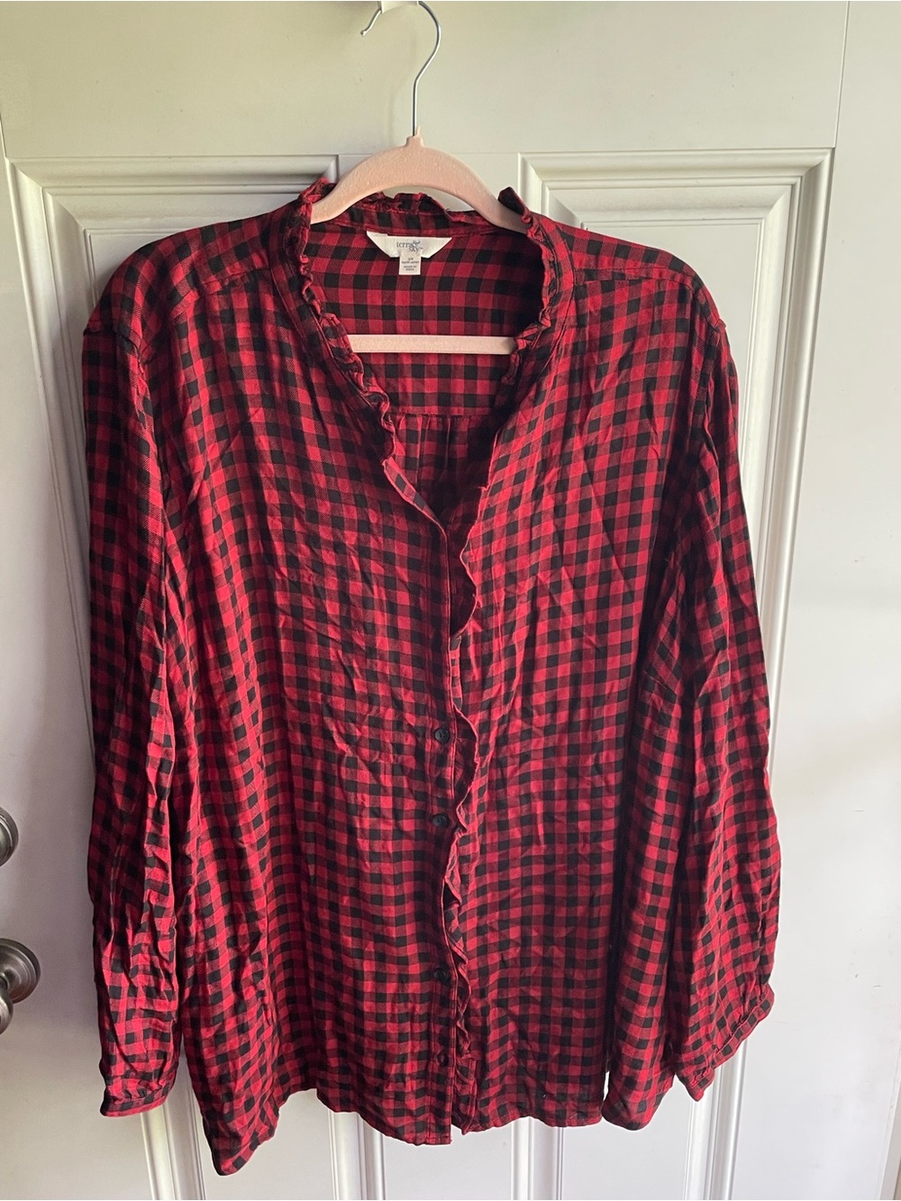 Terra & Sky Red and Black Plaid Ruffle-Trim Button Down Shirt